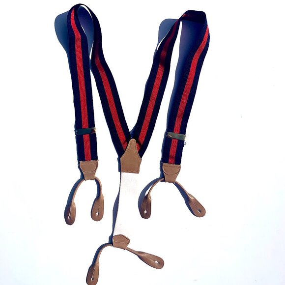 VTG Royal New York Oliver Stripe Suspenders Braces Red/Navy w/leather attachment - Picture 2 of 7